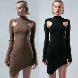 Casual Dresses Half High Neck Long Sleeves With Finger Cots Punk Streetwear Girl Sexy Tight Stretch Autumn Knitted Irregular Dress