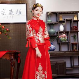 Ethnic Clothing Ancient Folk Xiuhe Wedding Dress Cheongsam Traditional Chinese Bride Slim Qipao Evening Prom Gown Toasting Clothes