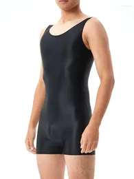 Men's Body Shapers Oil Shiny Glossy Bodysuits Seamless Front Pouch Tights Man Sexy Transparent Waist Men Playsuit Sleeveless Bodysuit