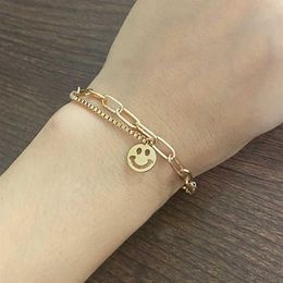 Hollow Out Smiley Face Letter Pearl Pendant Women's Bracelet hip-hop Temperament Student Hand Accessories Gold Chains Bracele265c