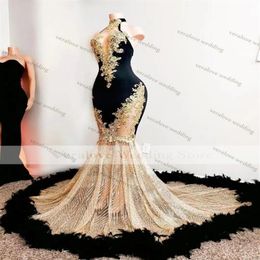 Party Dresses Sparkly Black Mermaid Evening Dress High Neck Feather Beads Sexy Luxury Prom Gowns Dubai Women Formal GownsParty279P