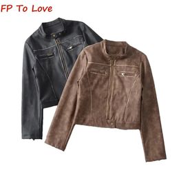 Women's Leather Faux Leather Y2K Black Faux Suede Leather Jacket Vintage Coffee Coat Fashion Zip Short Jacket Women's Streetwear 231026