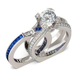 Fashion 925 Sterling Silver Princess-cut Blue Sapphire Diamond CZ Gemstone Rings set Engagement Wedding Bride Band Rings Finger fo244D