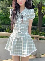 Work Dresses Print French Casual 2 Piece Dress Set Women Elegant Puff Sleeve Y2k Crop Tops Mini Skrits 2023 Summer Korean Fashion Suits