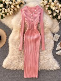 Casual Dresses SINGREINY Irregular Button Ribbed Knit Dress Women V Neck Solid Sashes Long Sleeve Elegant Ladies Fashion Winter Midi