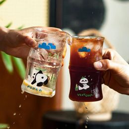 Wine Glasses Bamboo Glass Cup Fun Cartoon Giant Panda Pattern Water Bottle Home Party Business Reception Coffee Milk Beer Tea