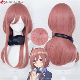 Catsuit Kostümler Yüksek Kalite Gotoubun The Excential Quintuplets Nakano Miku Wig 60cm Koyu Pembe Isı Dayanıklı Cosplay Anime perukları