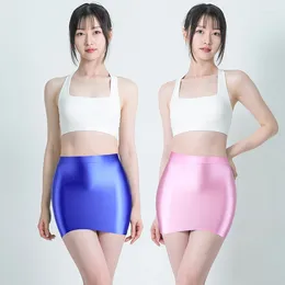 Women's Swimwear Satin Oil Glossy Skirt Sexy Hip Wrap One Step Elastic Smooth Half Body Super Short