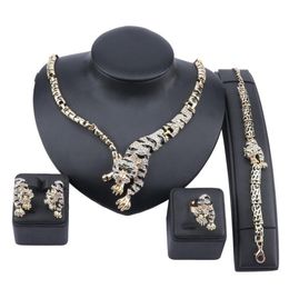 Exquisite Dubai Gold Tiger Crystal Jewelry Set Luxury Nigerian Woman Wedding Costume Design Necklace Earring Ring Bracelet Set319H