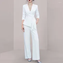 Women's Two Piece Pants Spring Autumn White Set Wide LegTrosuer Suits Fashion Lace-Up Long Sleeve Blazer Coats 2 Sets Womens Office Outfits