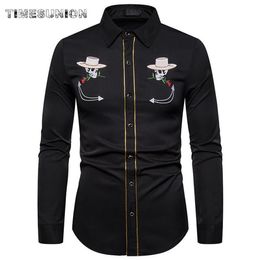 Mens Western Cowboy Shirt Stylish Embroidered Slim Fit Long Sleeve Party Shirts Men Brand Design Banquet Button Down Shirt Male267d