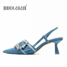 Dress Shoes Fashion Women Blue Denim High Heels Elegant Pointed Toe Pumps Office Lady Heeled Slingbacks Woman 231115