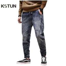 Joggers Jean Men Motorcycle Streetwear Drawstring Elastic Waist Ruched Pants Leisure Riding Jeans Male Plus Size