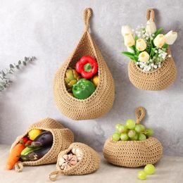 Storage Bags Handwoven Wall Hanging Vegetable Fruit Basket Teardrop Plant Flower Pot Indoor Portable Kitchen Organiser Container Boho Decor