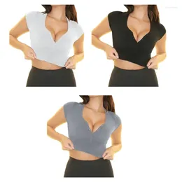Women's T Shirts V-Neck Button Down T-Shirt Women Clothes Solid Slim-fit Short Sleeve Crop Tops