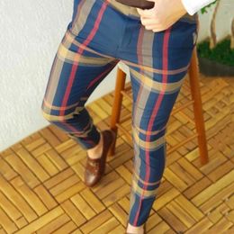 Men's Pants Casual Plaid Print Party Suit Stretch Feet With Pockets