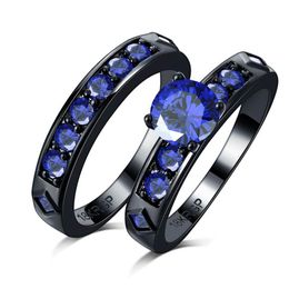 2020 wedding couple setl 18KGP stamp 18K black gold filled Party Rings blue zircon crystal Ring Fit Suit for women fine Jewellery wh254x