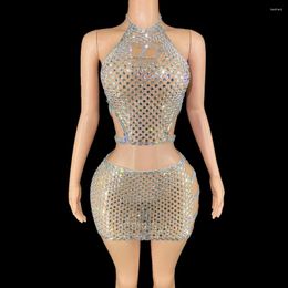 Stage Wear Sparkly Rhinestones Top Short Skirt Two Pieces Set Dress Sexy Party Birthday Show Nightclub Dance Costume