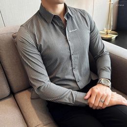 Men's Casual Shirts 2023 Autumn Striped Embroidered Shirt Long Sleeve Business Formal Dress Slim Fit Social Party Tuxedo Blouse