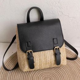 School Bags Vintage Straw Backpack Women's Shoulder Bag Versatile Woven PU Leather Elegant Luxury Designer