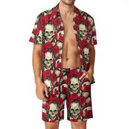 Men's Tracksuits Gothic Skulls Beach Men Sets Red Roses Print Casual Shirt Set Summer Pattern Shorts 2 Piece Funny Suit Plus Size