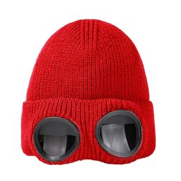 New Designer two Lens Glasses Goggles Beanies Men Knitted Hats Skull Caps Outdoor Women Uniesex Winter Beanie Bonnet 7 colour Y-6