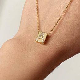 Choker Simple Small Copper Zircon Letter Carved Square Charm Necklace Women Causal Name Clavicle Thin Chain Collar Jewelry