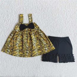 Clothing Sets Wholesale Girls Summer Suspender Shorts Suit Multi- Bow Leopard Print Color Bright Three-Layer Ruffle