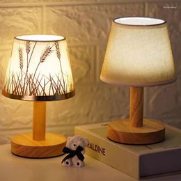 Table Lamps LED Nordic Wood Besides Lamp Vintage Night Lights For Bedroom Linen Lampshade Office Home Decorative Desk