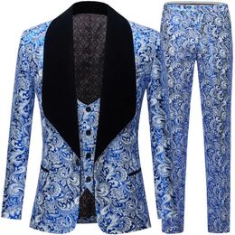 Men's Suits 2023 Casual Boutique Flower Suit Jacket Vest Pants 3 Pcs Set / Jacquard Big Black Collar Blazers Coat Trousers