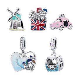 bamoer 925 Sterling Silver Travel London Charm Pink Cable Car Windmill Zirconia Heart Beads for Women Bracelet Jewellery SCC1738 Q05309A