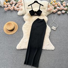 Work Dresses Foamlina Women Summer Black 2 Piece Sets Sexy V Neck Spaghetti Strap Sleeveless Crop Top And Elastic Waist Long Skirt Suits