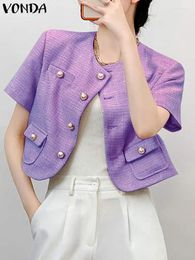 Women's Suits Elegant Office Blazer 2023 VONDA Women Coats Summer Round Neck Short Sleeve Buttons Casual Loose Solid Colour Tops Streetwear