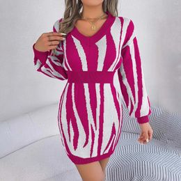 Casual Dresses Women Dress Autumn Winter Fashion High Waist Twist Wrap Hip For Ladies V Neck Long Sleeve Stripe Design Sweater