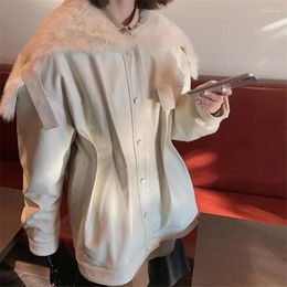 Women's Leather PU 2023 Winter Cotton Padded Coat Mid-length Lambswool Sailor Collar Stitching Thick Jacket