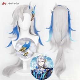Catsuit Costumes Genshin Impact Fontaine Neuvillette Cosplay Anime 95cm Long Sier Grey Blue Heat Resistant Synthetic Hair + Wig Cap