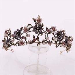 Baroque Vintage Black Purple Crystal Pearls Bridal Tiaras Crown Pageant Diadem Veil Tiara Wedding Hair Accessories 210701298G