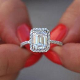 Size 5-10 Sparkling Luxury Jewellery 100% Real 925 Sterling Silver Emerald Cut White Topaz CZ Diamond Gemstones Promise Women Weddin306m