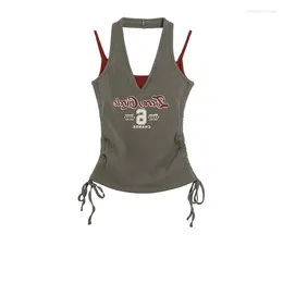 Women's Tanks Anivia Y2K False Two Hang Neck Vest Female 2023 Summer Spice Girl Print Slim Short Style Fashion Design Grey