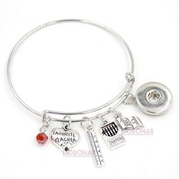 Whole Adjustable Bangle Snap Jewelry Teacher Bracelet Book Ruler Crayons Charms Bangle Snap Button Bracelets for Teacher Gift335l