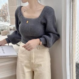 Women's Sweaters Chic Korean Square Collar Sweater Women Spring Autumn Jumper Long Lantern Sleeve Solid Knitted Tops Pull Femme