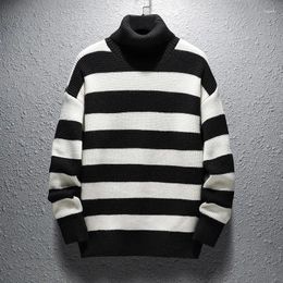 Men's Sweaters Autumn And Winter Fashion Wide Stripe High Neck Sweater For Youth Loose Thickened Knitwear