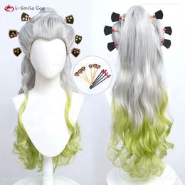 Catsuit Costumes Anime Women Cosplay Sier Gradient Green Cruly Ponytail Daki Heat Resistant Synthetic Hair Party Wigs + Wig Cap