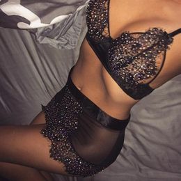 Lace Sexy Bra Set Sexy Lingerie For Women Full Rhinestone Transparent Bra Mini Skirt Lenceria Seamless Underwear Set2752