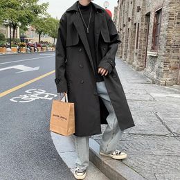 Men's Trench Coats Men Design Pockets Solid Double Breasted Oversize Leisure Teens Long Sashes Stylish Outwear Hombre Korean Style