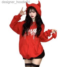 Men's Hoodies Sweatshirts Autumn Harajuku Hoodies Women Gothic Punk Devil Horn Hooded Sweatshirt Halloween Couple Matching Detachable Tail Zip-Up Outwear L231027