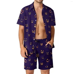 Men's Tracksuits Pumpkin Faces Men Sets Halloween Casual Shirt Set Hawaii Beachwear Shorts Summer Graphic Suit 2 Piece Clothes Big Size 2XL
