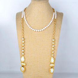 Chains 52'' White Keshi Pearl Gold Plated Chain Long Necklace For Women