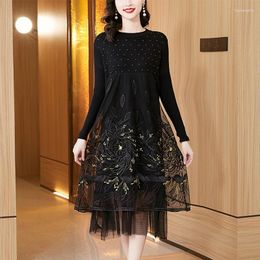 Casual Dresses Winter Style Flesh Covered Skinny Undercoat Dress Elegant And Exquisite Embroidery Mesh Splice Wool Knit