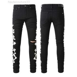 for Man Skinny Pants Rip Fit with Bone Black Biker Denim Stretch Motorcycle Trendy Knee Hole Long Straight Hip Hop Blue Rock 20ss Fashion